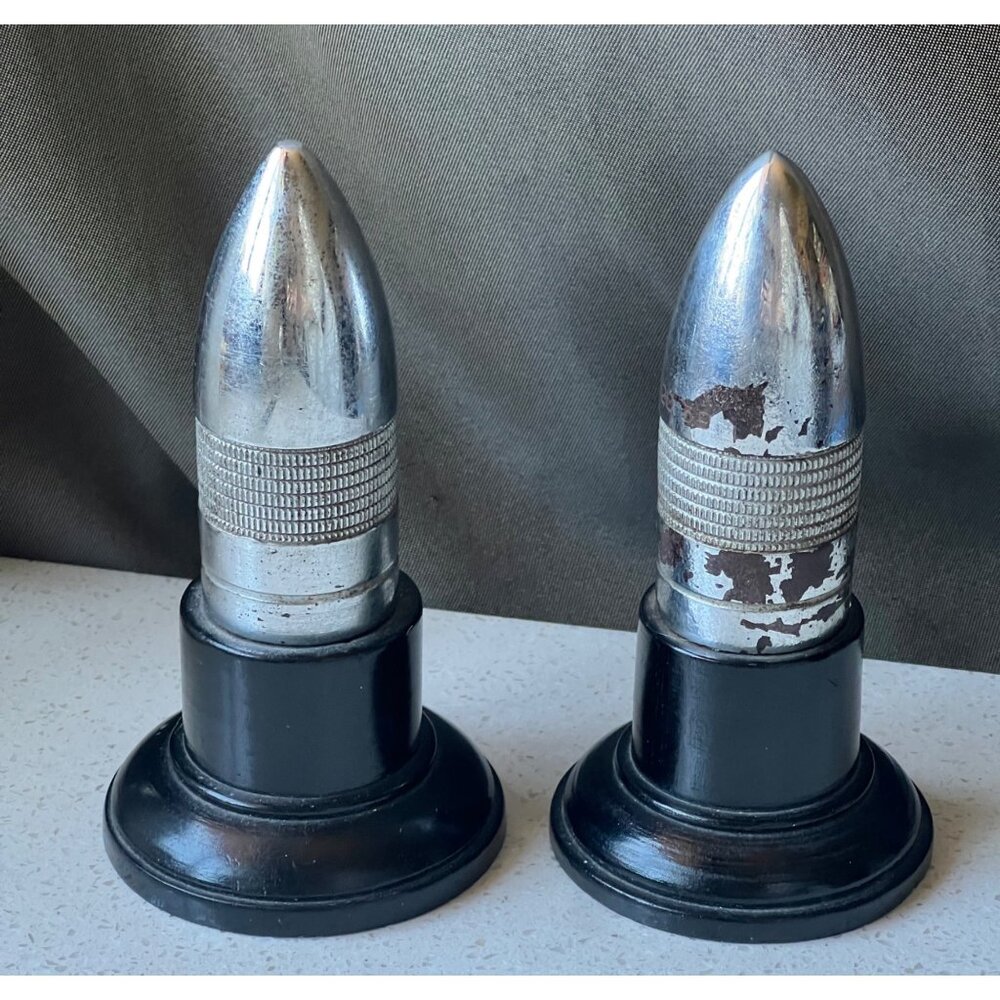 WWII Artillery Shell Desk Set March 1939 Chrome with Wood Bases 5.75”T VTG READ